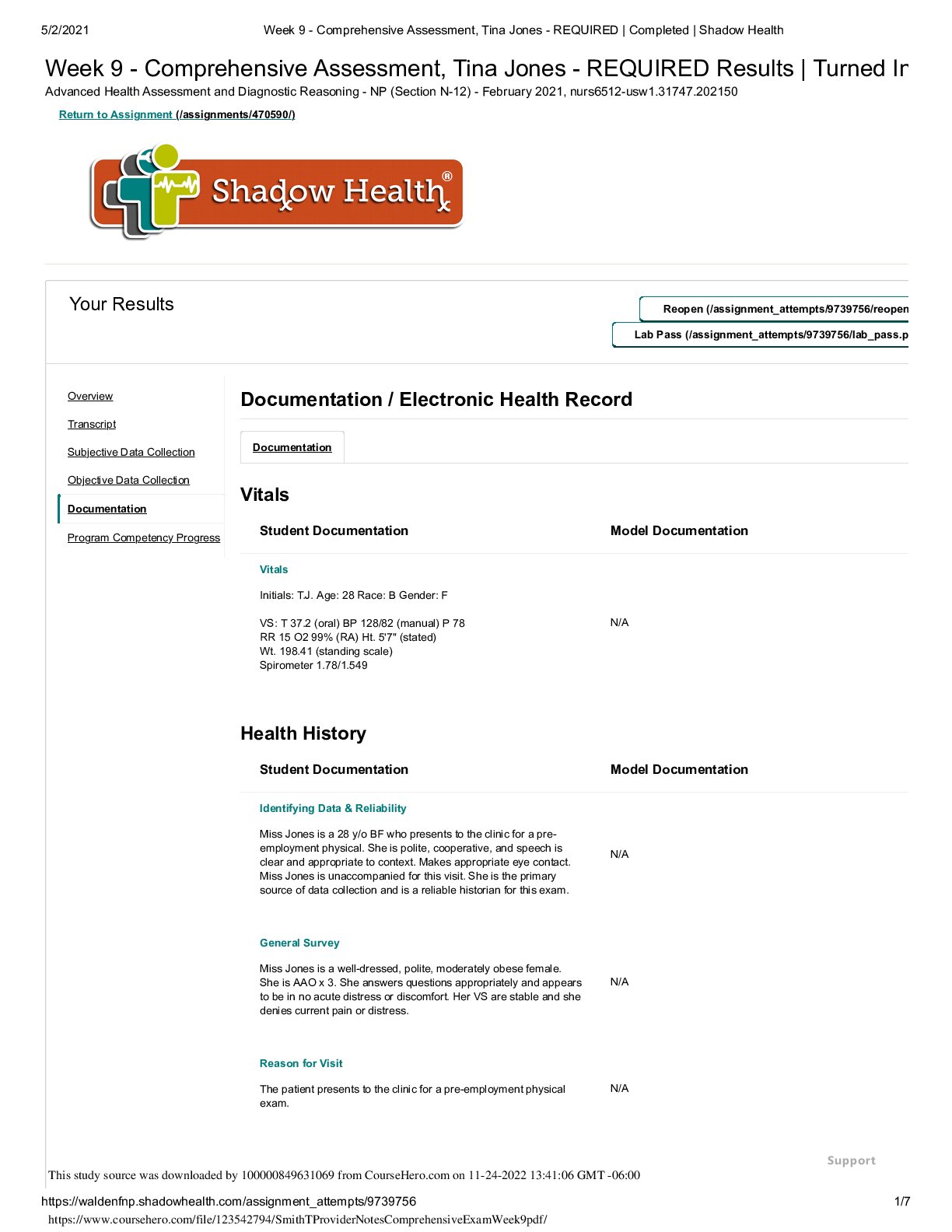 Preview image for Week 9 - Comprehensive Assessment, Tina Jones - REQUIRED Results | Turned In